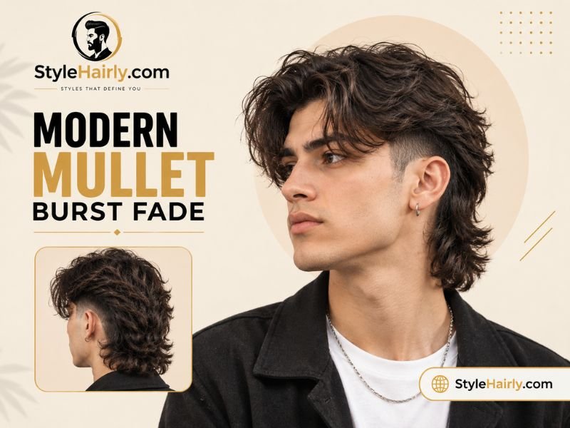 Modern mullet middle part burst fade styled with a center part