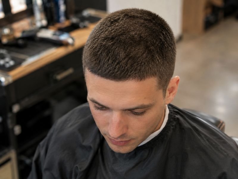 Overhead view of a 10 guard buzz cut showing natural texture