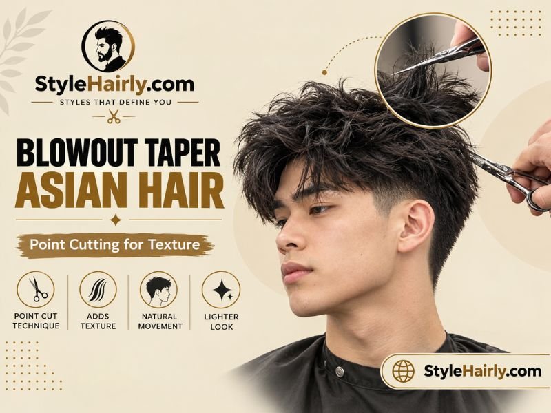 Point cutting technique adding texture to a blowout taper Asian hair style