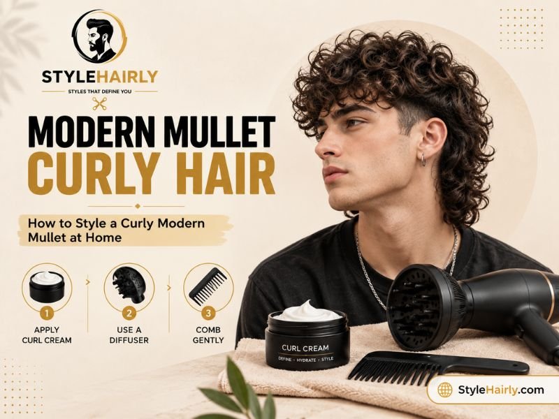 Products and tools used to style a curly modern mullet at home