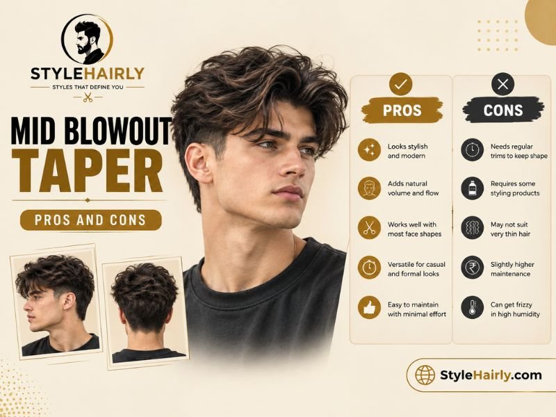 Pros and cons graphic for a mid blowout taper haircut