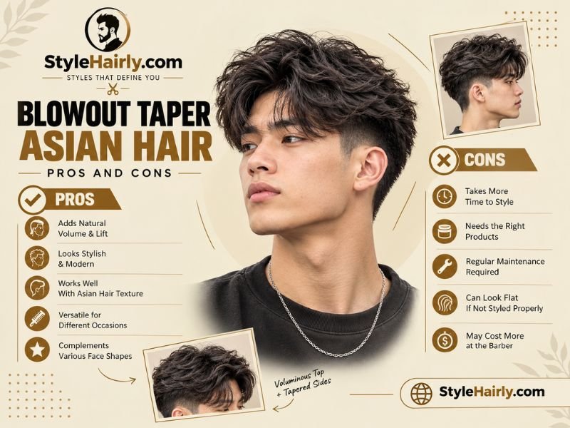 Pros and cons graphic for the blowout taper Asian hair style