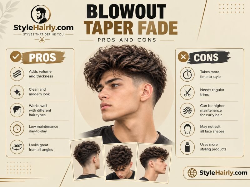 Pros and cons graphic for the blowout taper fade haircut