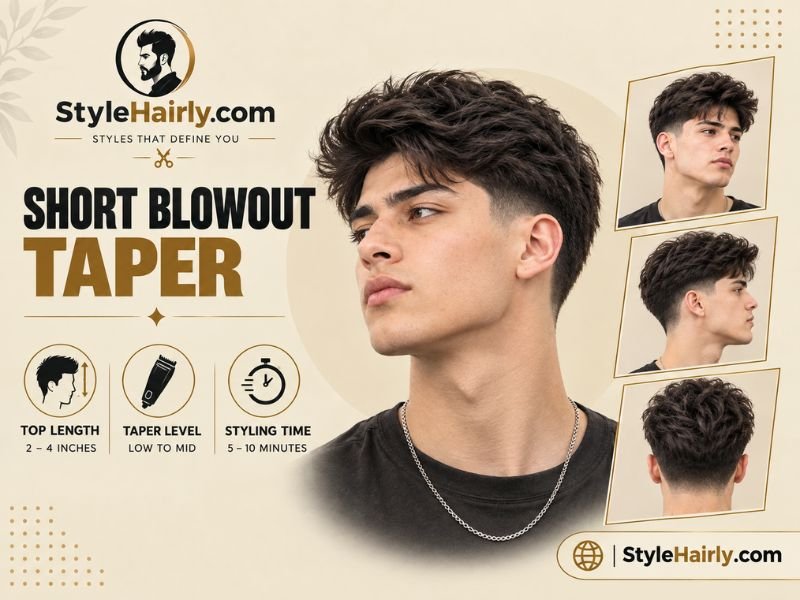 Quick facts infographic for a short blowout taper haircut