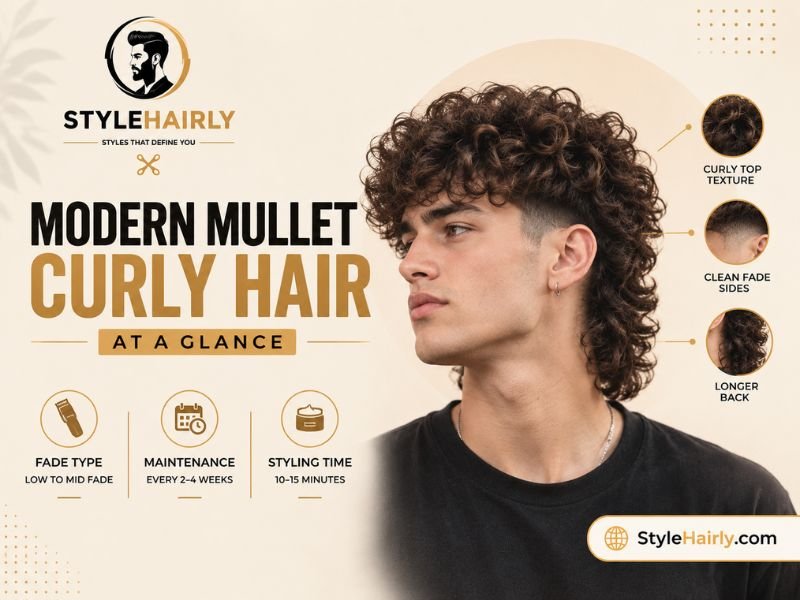 Quick facts overview of a modern mullet curly hairstyle
