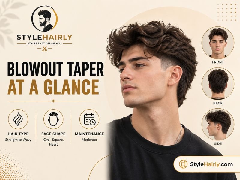 Quick facts summary graphic for the blowout taper haircut