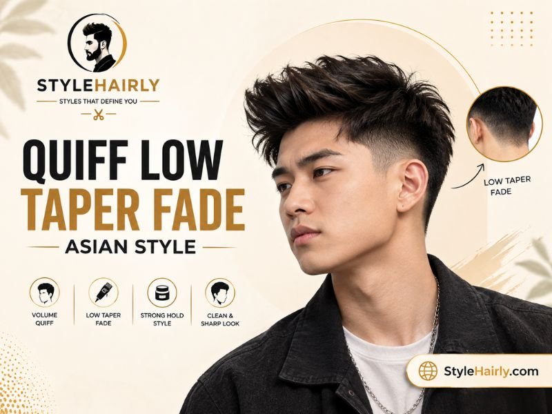 Quiff hairstyle paired with a low taper fade