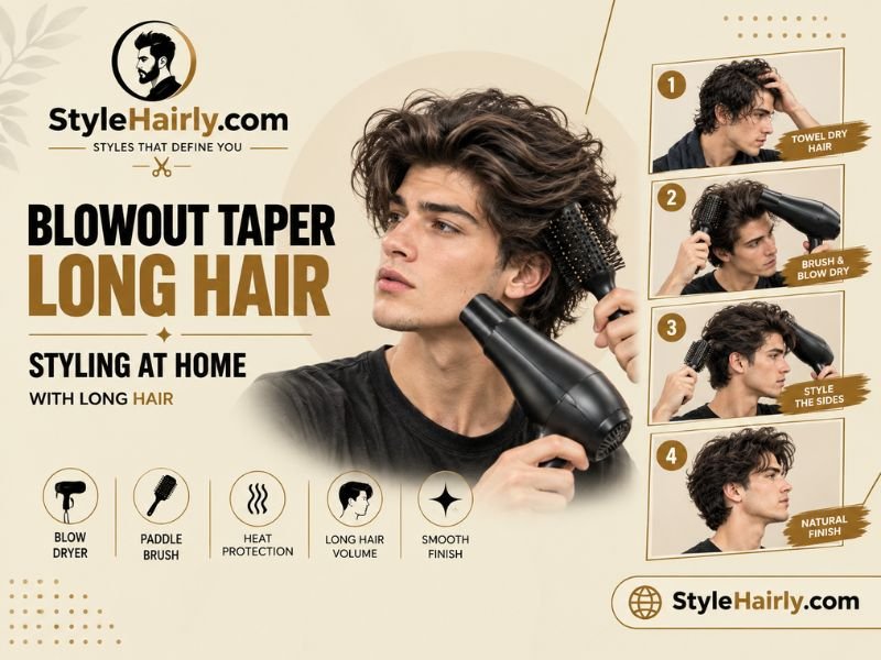 Sequence showing a paddle brush being used to blow-dry long hair on top