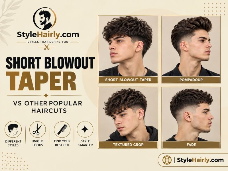 Short blowout taper compared to pompadour, textured crop, and low fade