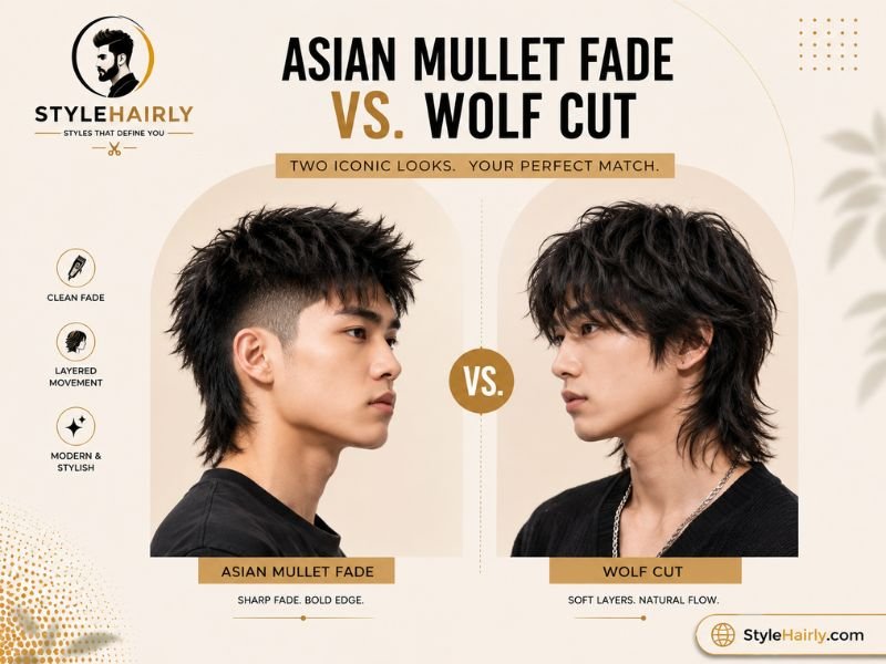 Side by side comparison of Asian mullet fade and wolf cut hairstyles