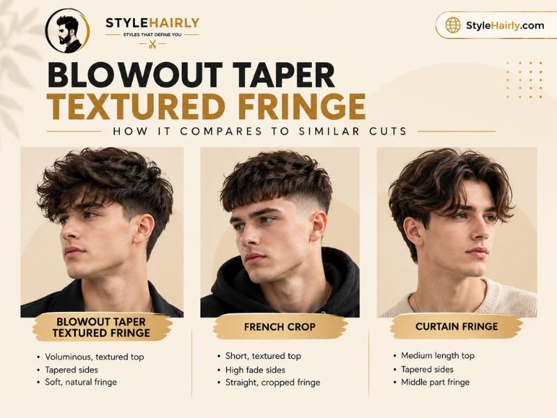Side-by-side comparison of a blowout taper fringe, French crop, and curtain fringe