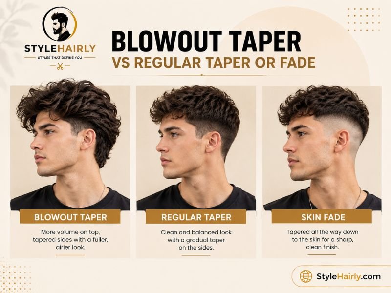 Side by side comparison of a blowout taper, regular taper, and skin fade