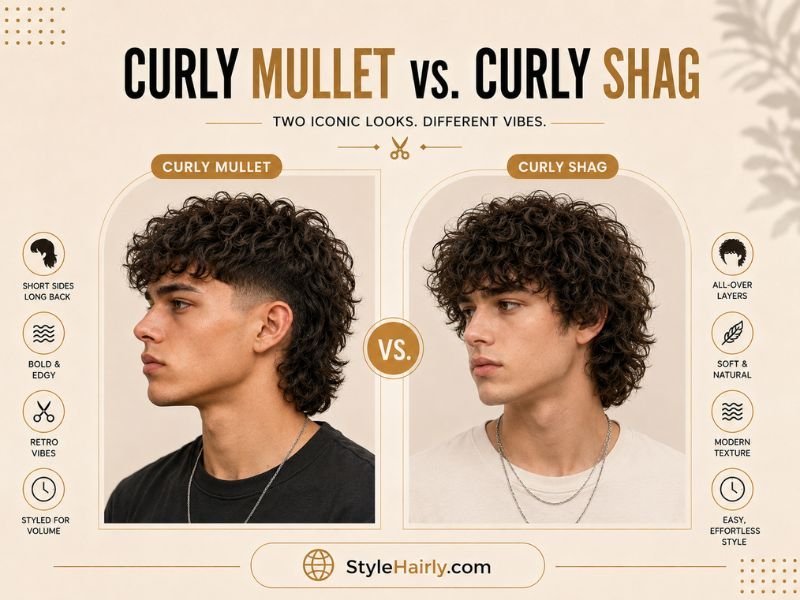 Side-by-side comparison of curly shag and curly mullet haircuts