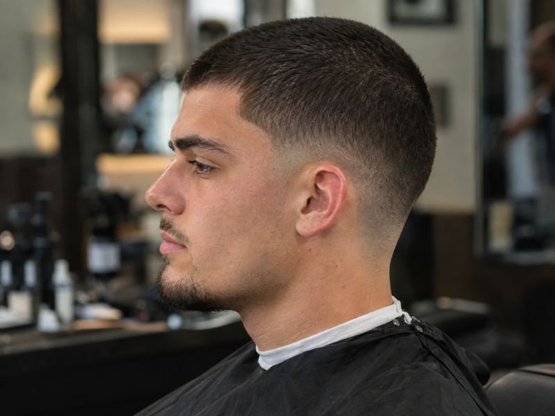 Side profile of a 10 guard buzz cut with low taper