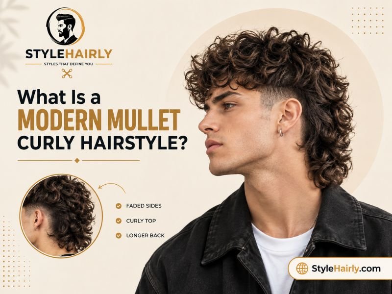 Side profile of a modern mullet haircut on curly hair