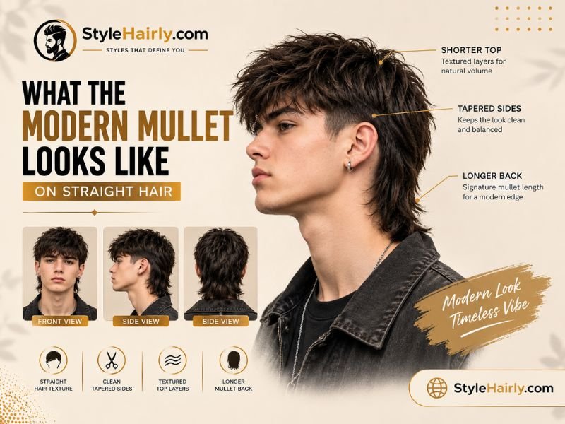 Side profile of a modern mullet showing shorter top and longer back layers