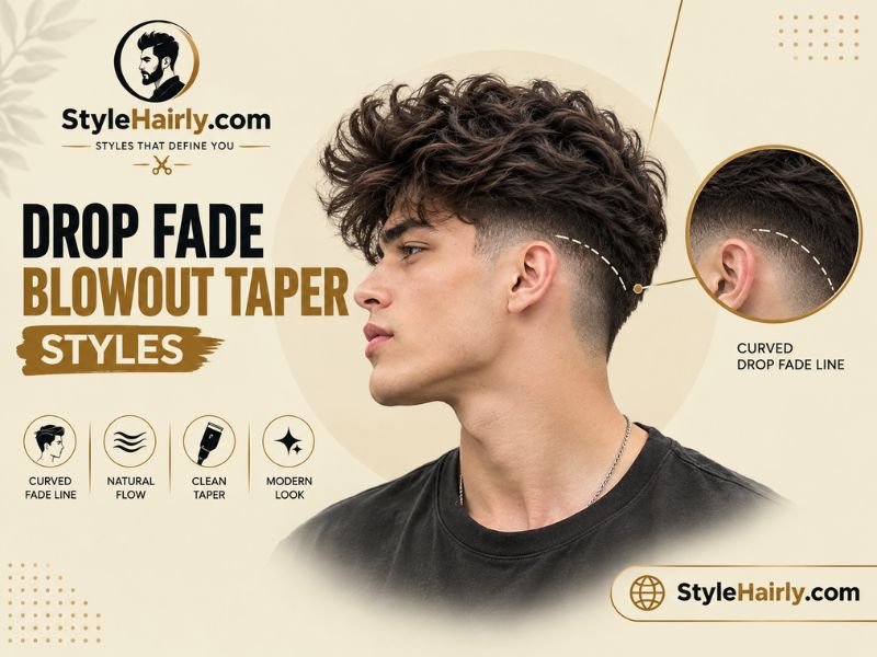 Side view of a drop fade blowout taper curving behind the ear