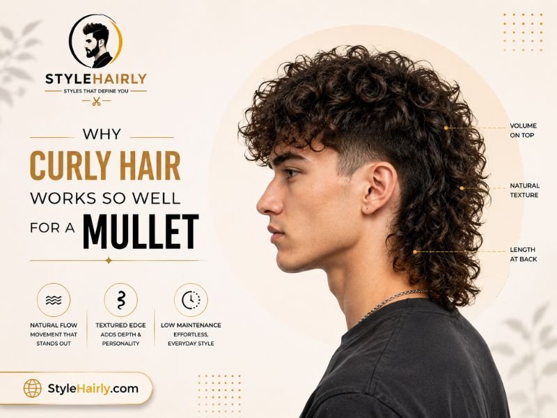 Side view of curly mullet showing longer back length
