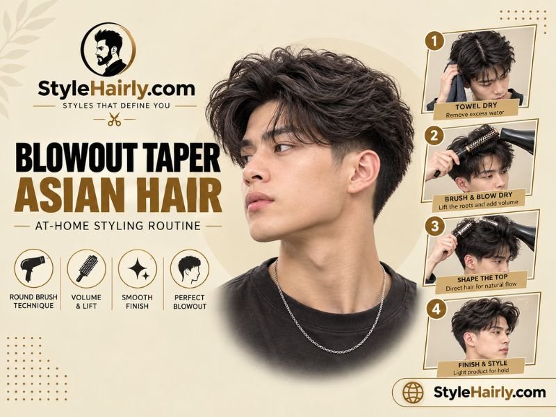 Step-by-step at-home styling routine for a blowout taper on Asian hair