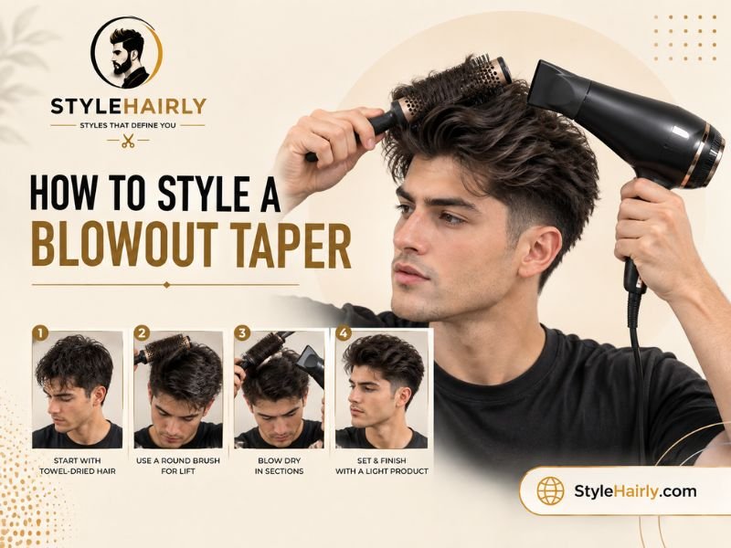 Step by step photos of styling a blowout taper with a round brush and blow dryer