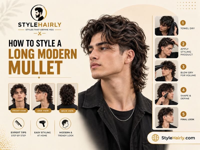 Step-by-step styling process for a long modern mullet
