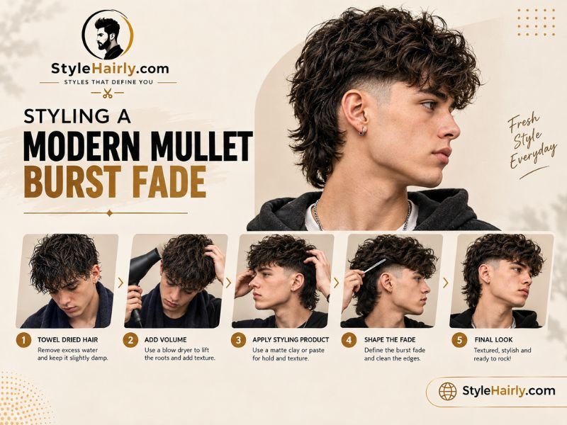 Step-by-step styling process for a modern mullet burst fade