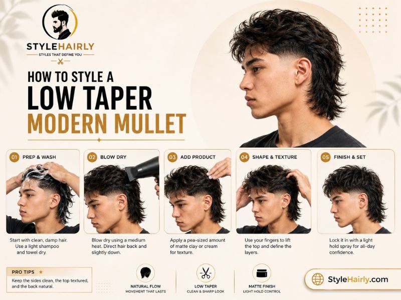 Steps for styling a low taper modern mullet with blow dryer