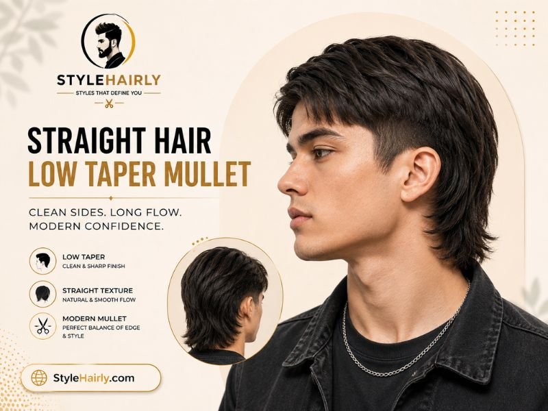 Straight hair styled into a low taper modern mullet