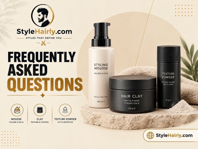 Styling products used for a mid blowout taper including mousse and clay