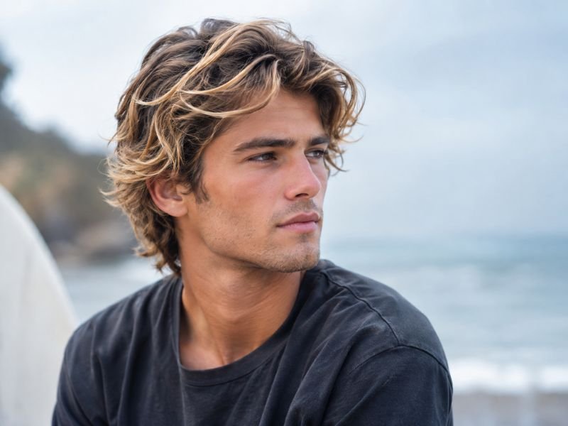Sun bleached layers surfer haircut style