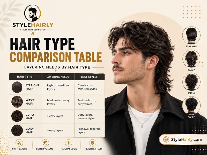 Table comparing mullet layering needs across hair types