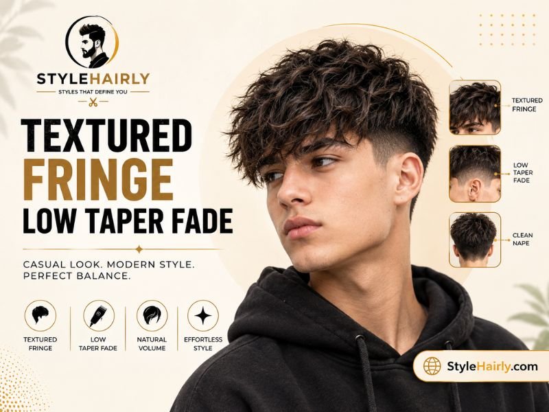 Textured fringe low taper fade hairstyle