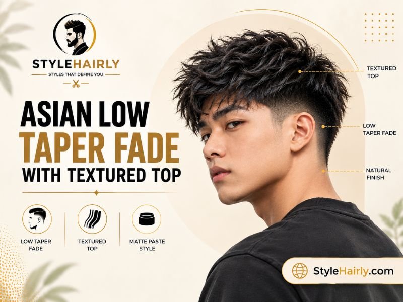 Textured top low taper fade on Asian hair