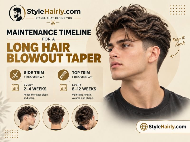 Timeline graphic comparing side taper trims and top trims for long hair