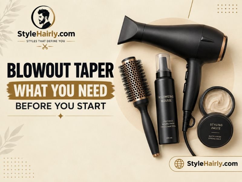 Tools needed for styling a blowout taper including round brush and mousse