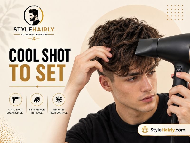 Using the cool shot setting on a blow dryer to set the fringe shapeUsing the cool shot setting on a blow dryer to set the fringe shapeUsing the cool shot setting on a blow dryer to set the fringe shapeUsing the cool shot setting on a blow dryer to set the fringe shape