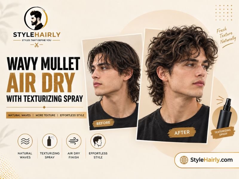 Wavy mullet hairstyle after air-drying with texturizing spray