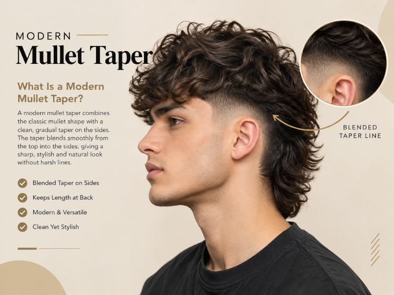 close-up of a blended taper line on a modern mullet haircut