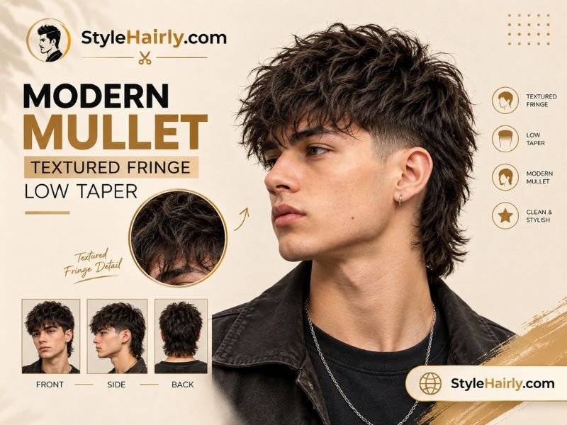 modern mullet haircut with a textured fringe and low taper