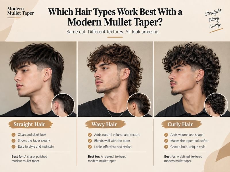 modern mullet taper compared across straight, wavy, and curly hair types