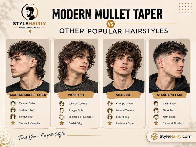 modern mullet taper compared to wolf cut, shag cut, and standard fade