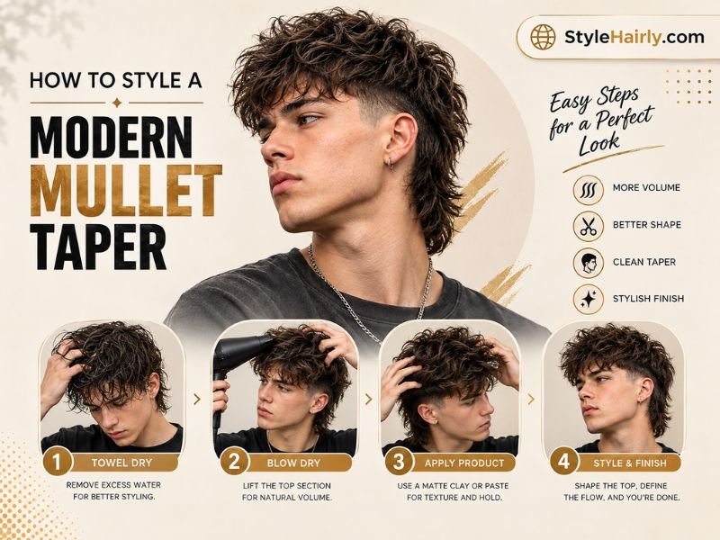 step by step styling process for a modern mullet taper