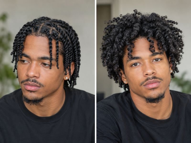 Before and after comparison of two strand twists and a twist-out