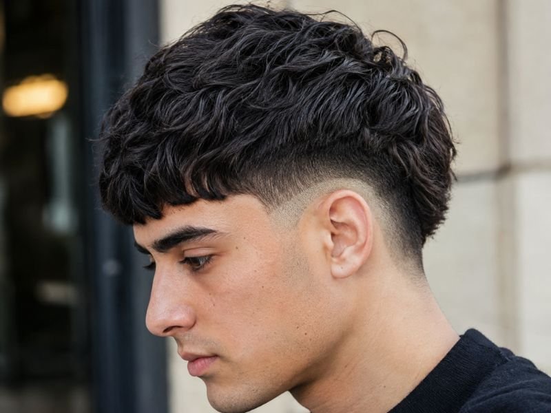 Close-up of a French crop fringe meeting a burst fade