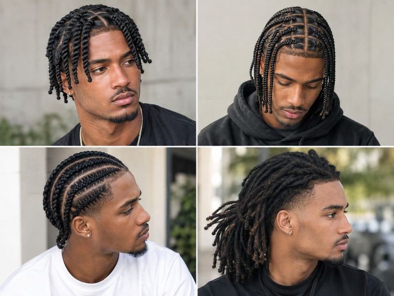 Comparison grid of two strand twists against box braids, cornrows, and locs