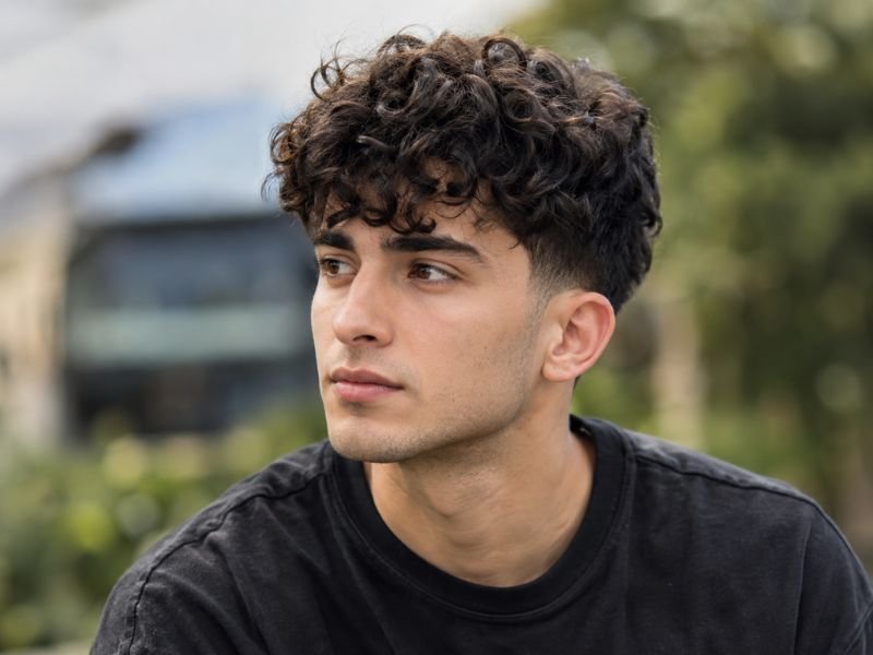 Curly top with soft taper haircut for men