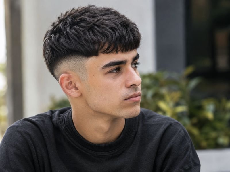 Disconnected French crop burst fade haircut