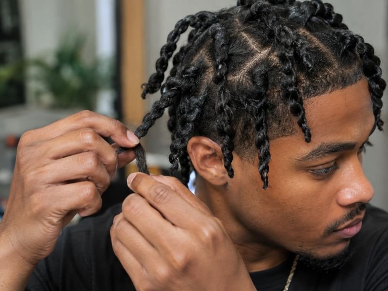 Hands demonstrating the two strand twist technique step by step