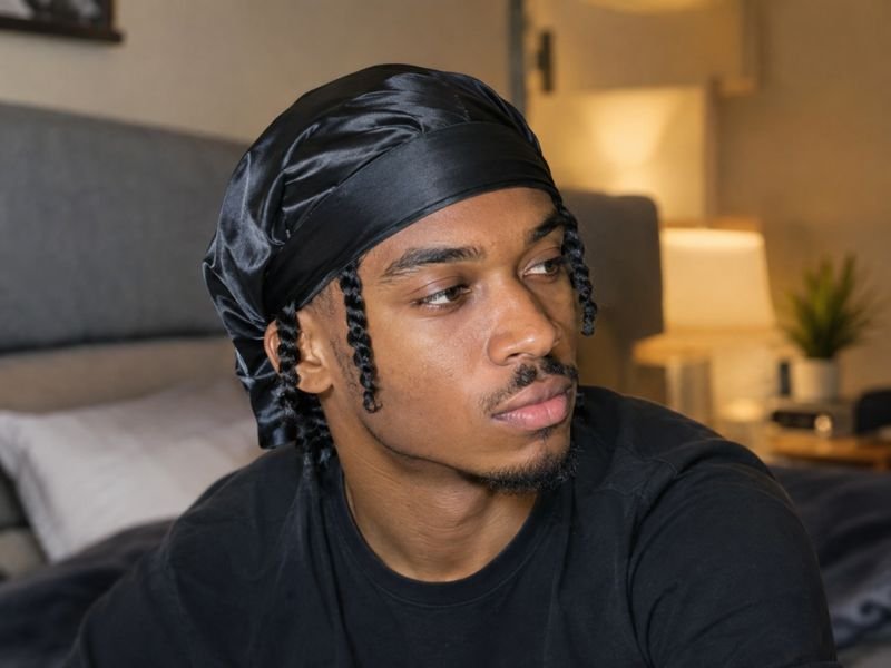 Satin bonnet used to maintain two-strand twists overnight