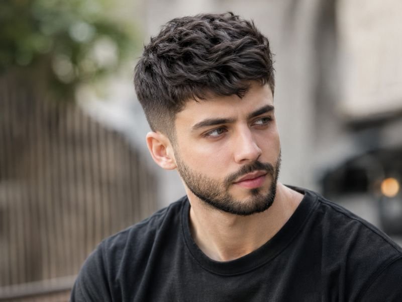 Short beard paired with textured haircut for a small head